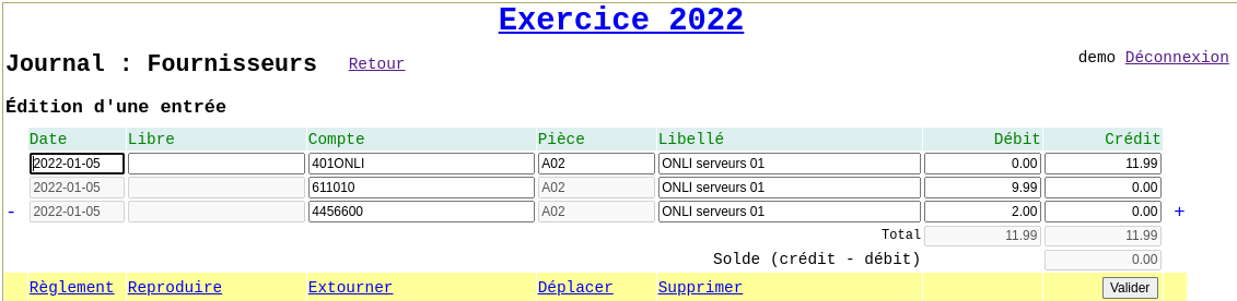 Formulaire de modification d'une écriture