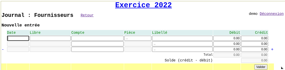 Formulaire de saisie d'une écriture